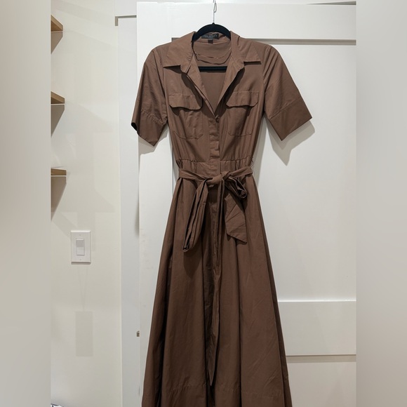 Zara 100% Cotton EUC Chocolate Brown Midi Dress with Pockets Hidden Buttons XS - Picture 2 of 9